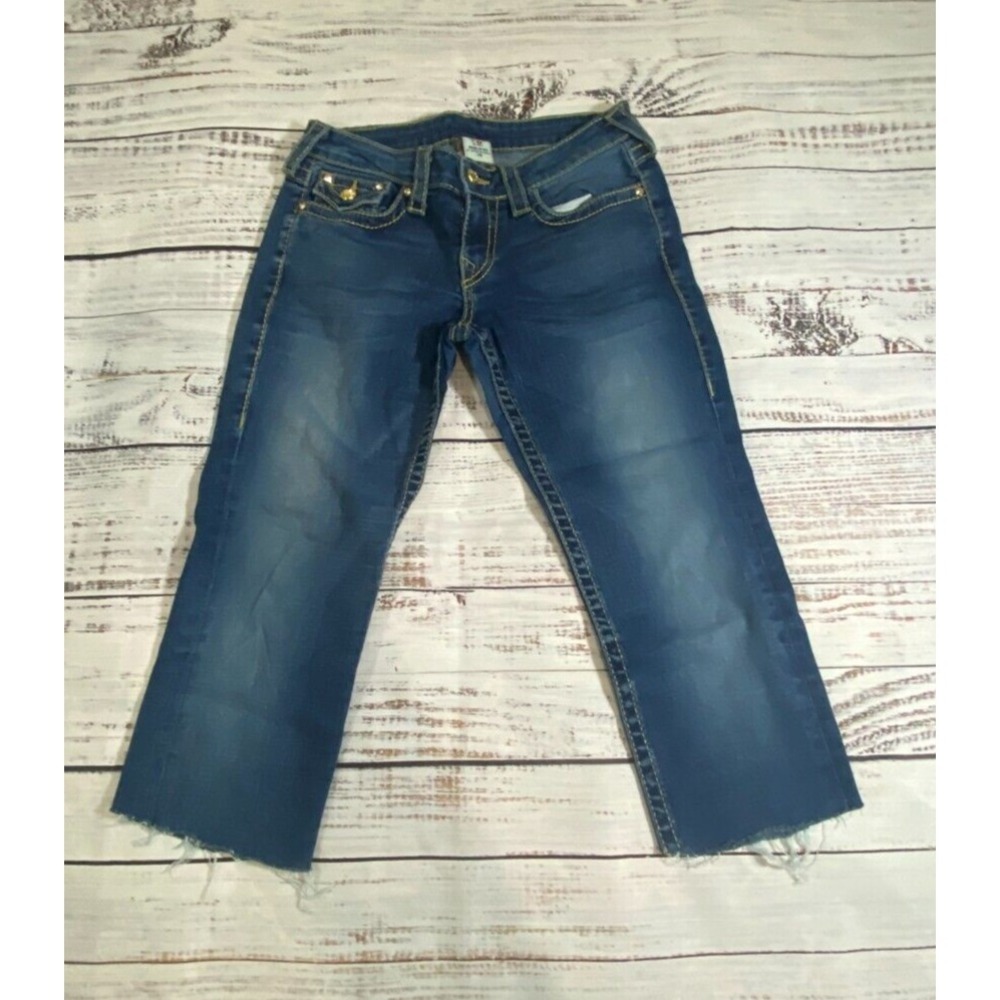 True Religion Blue Flare Jeans Women's 29 Denim Cotton Zip Fly Frayed Low Rise